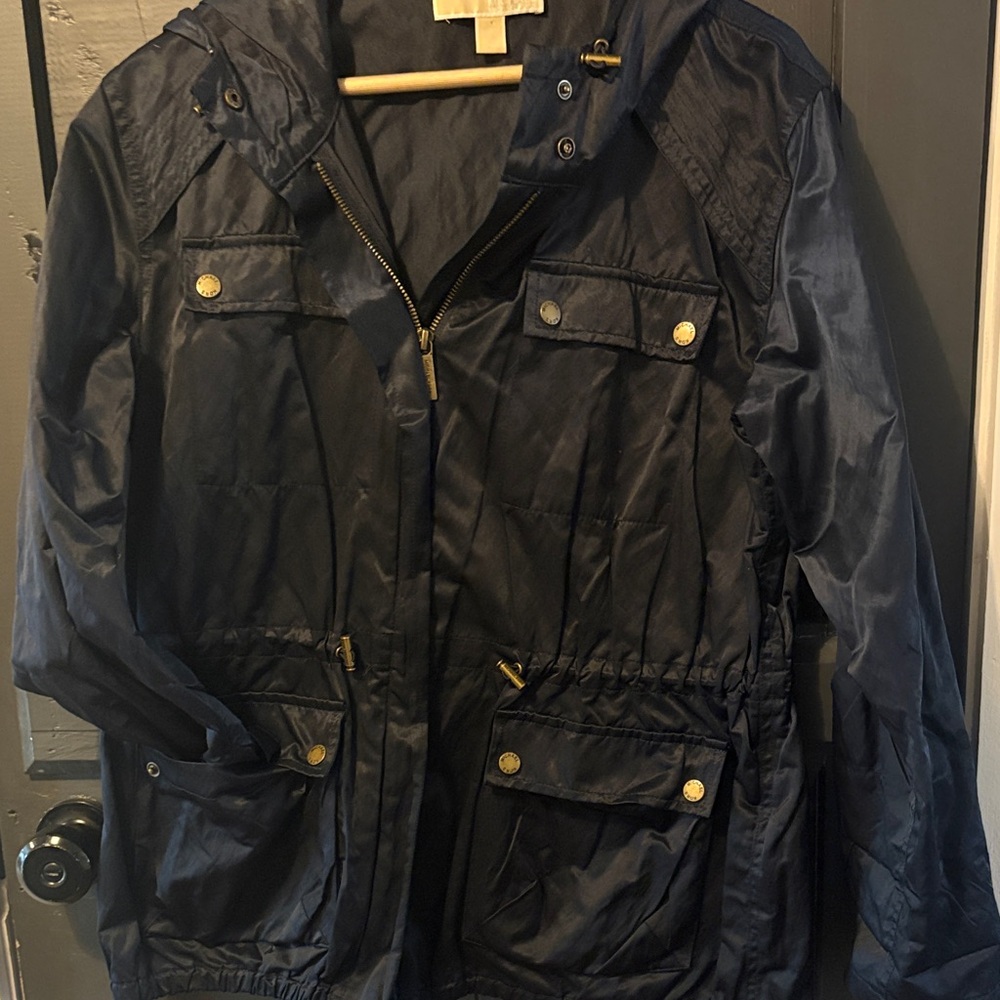 Navy Hooded Jacket with Gold Accents